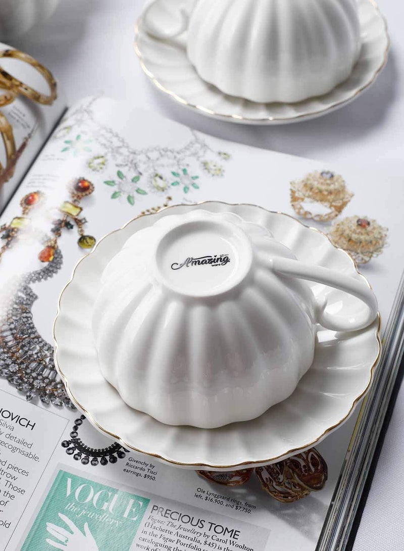 Amazingware أكواب شاي ملكية من Amazingware مع صحن، بحواف ذهبية وصندوق هدايا، أكواب قهوة بريطانية، مجموعة أكواب شاي، مجموعة شاي من البورسلين، أكواب كابتشينو، أكواب لاتيه، مجموعة من 6 (8 أوقية) - بيضاء - Image 5
